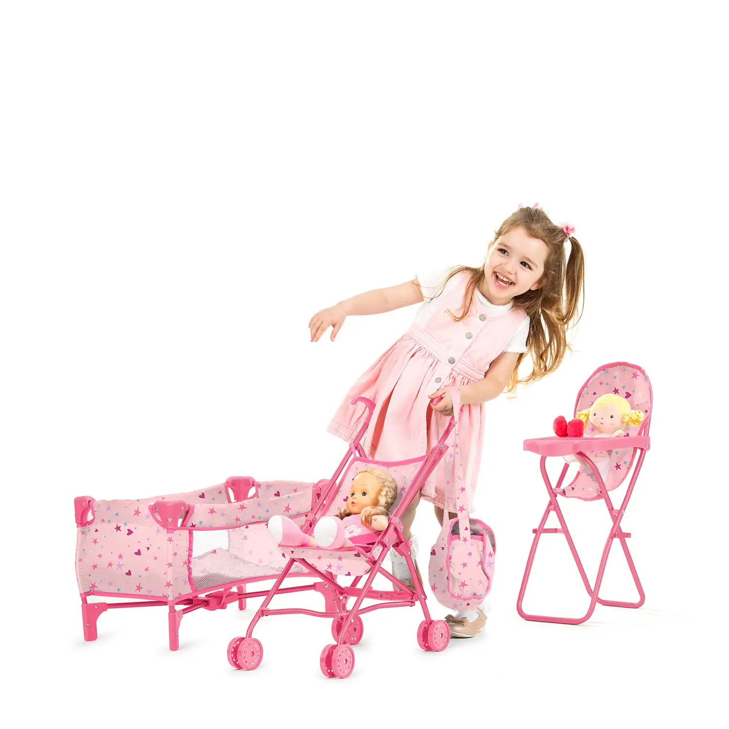 DeAO Set Passeggino Per Bambole Con Bambola 30 Cm E 17 Accessori - Tappetino, Borsa, Vasino - Regalo Gioco Di Finzione Per Bambine 3+ Anni - Rosso