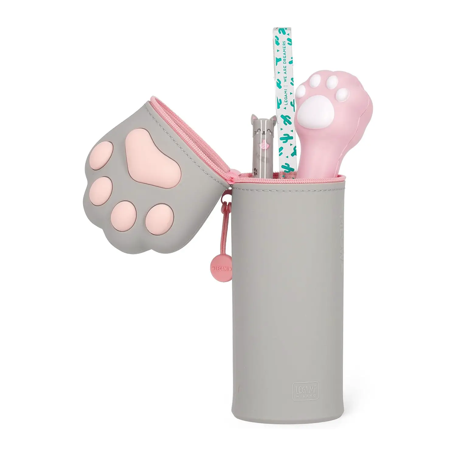 Astuccio Kawaii 2 In 1 In Silicone A Forma Di Gatto - Portapenne Retrattile Per Scuola E Ufficio, Grigio