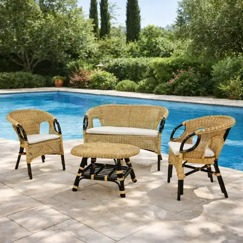 Salotto Lucrezia Rattan 4pz Col. Noce NAT Rattan Con Cuscini