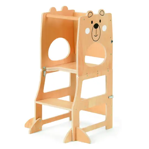 Torre Montessori Pieghevole 3-in-1 in Legno con Lavagnetta