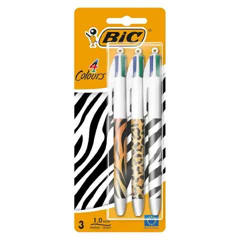 Penna Bic 4 Colori Animal Print Blister 3 Pezzi