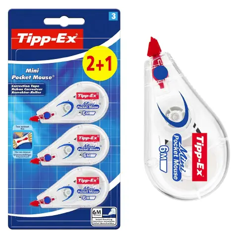 Correttore A Nastro Tipp-Ex Mini Pocket Mouse 5mm x 6m Blister 2+1