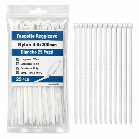 Fascette Nylon 4,8x200mm Bianche 25 Pezzi