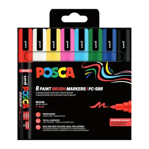 Pennarello Uni Posca - Punta Brush 1-4 mm - Confezione 8 Colori