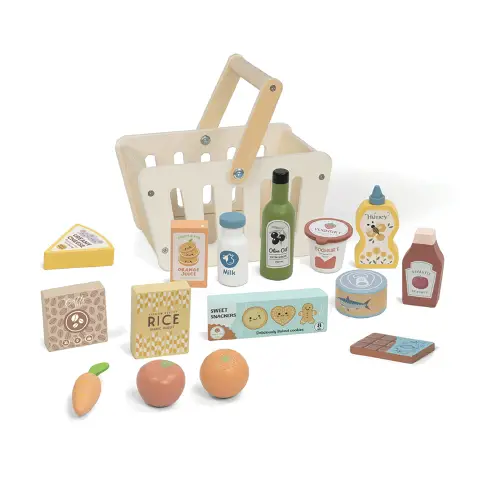 Cestino della Spesa in Legno con Alimenti, Gioco Montessori