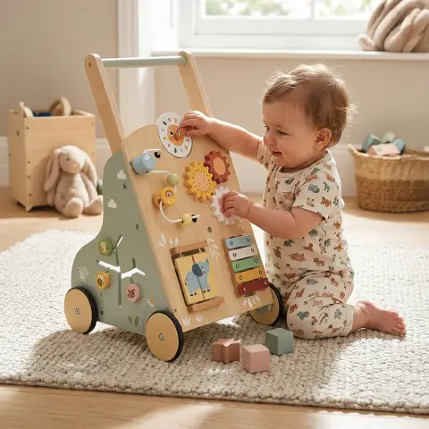 Carrello Primi Passi in Legno, Centro Attività Montessori 2-in-1