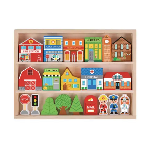 Blocchi Città in Legno, Playset Educativo Montessori con Edifici, Personaggi e Segnali