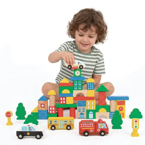 Blocchi Costruzioni in Legno, Playset Città con Veicoli e Palazzi