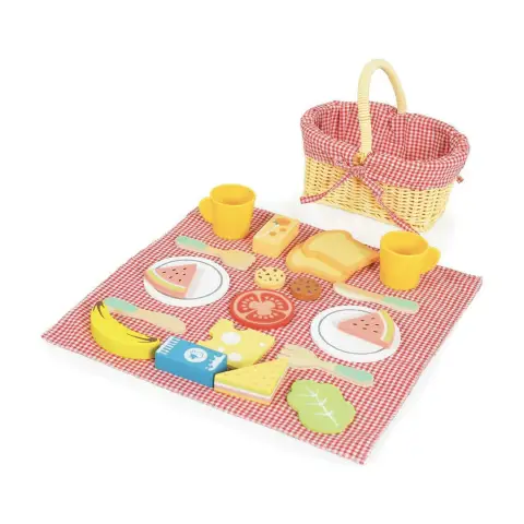 Cesto da Picnic con Merenda e Alimenti in Legno, Tovaglia e Cestino in Vimini