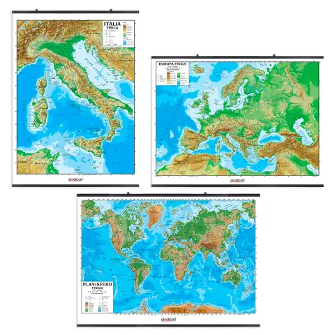 Carte Geografiche Italia, Europa E Planisfero - 3 Pezzi