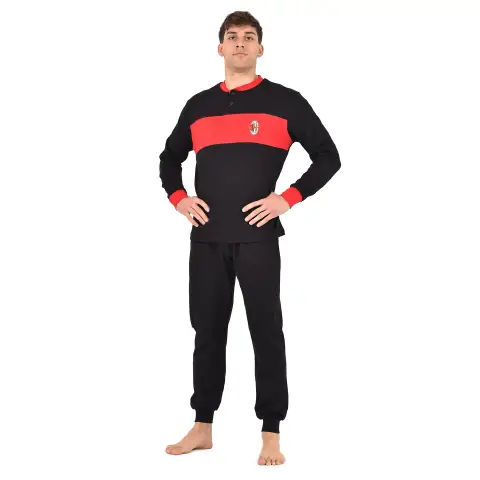 Pyjama Officiel AC Milan Pour Homme – 100% Coton Interlock | Modèle Serafino à Manches Longues | Noir/rouge Ou Rouge/noir