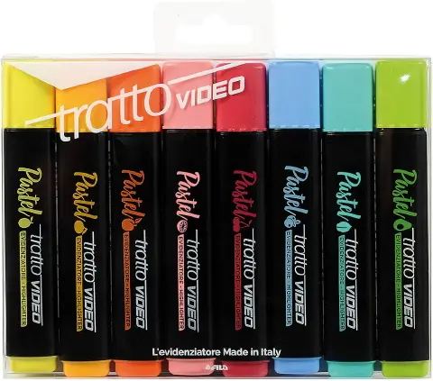 Evidenziatori Tratto Video Pastel, Astuccio 8 Colori con Punta Scalpello Lavabile