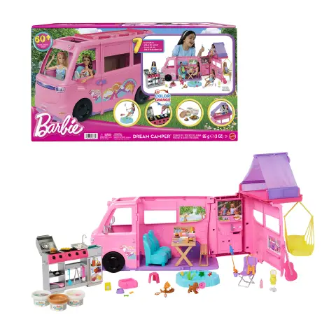 Barbie Camper dei Sogni HRJ78 con 60+ Accessori e 7 Aree Gioco
