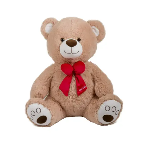 Peluche Orso Seduto Beige Con Fiocco Rosso 55Cm