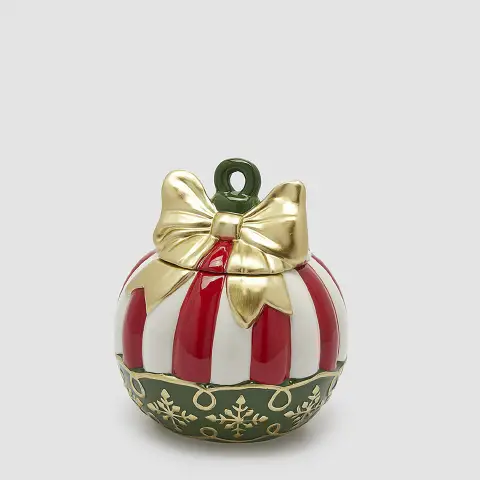 Contenitore Palla di Natale Ceramica Rosso Bianco H21 D18,5