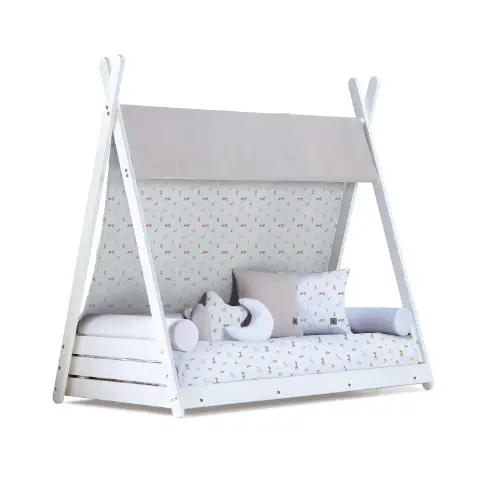 Alondra Letto Montessori a Casetta 90x200cm Bianco con Tessile Taiga