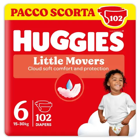Huggies Little Movers Giga Pack 102 Pz Taglia 6 (16-30 Kg) | Pannolini Ultra Assorbenti