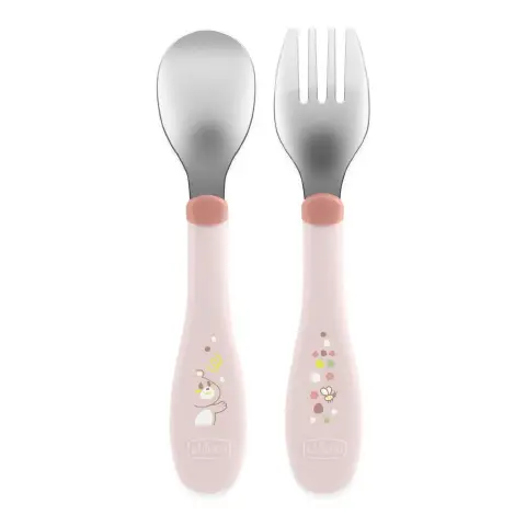 Primo Set di Posate Inox per Bambini + 18 Mesi, Rosa