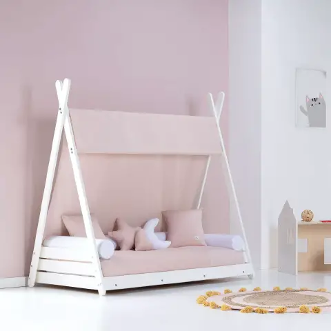 Alondra Letto Montessori a Casetta 90x200cm Bianco con Tessile Rosa