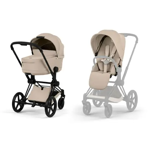 Priam Comfort Cozy Beige 2in1 Con Navicella Richiudibile-Passeggino con Telaio Matt Black