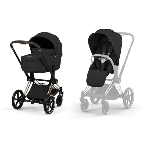 Priam Comfort Sepia Black 2in1 Con Navicella Richiudibile-Passeggino con Telaio Rosegold