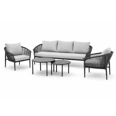 Salotto da Giardino Santa Cruz in Alluminio e Corda, Set Lounge 5 Pezzi con Tavolini Effetto Pietra