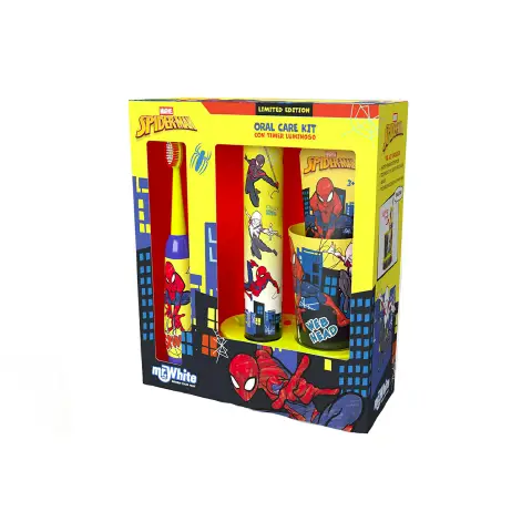 Spiderman Set Regalo Spazzolino, Dentrificio, Bicchiere e Base Luminosa Con Timer