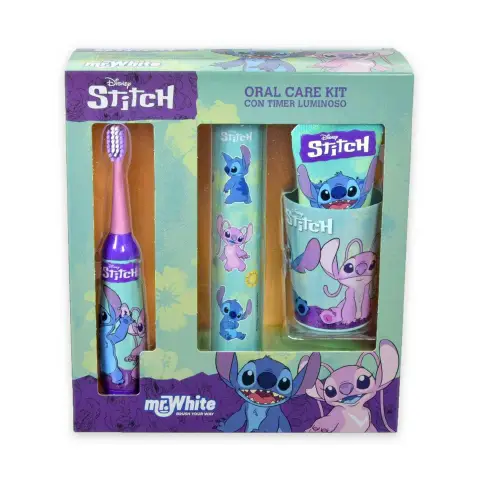 Stitch Set Regalo Spazzolino, Dentrificio, Bicchiere e Base Luminosa Con Timer