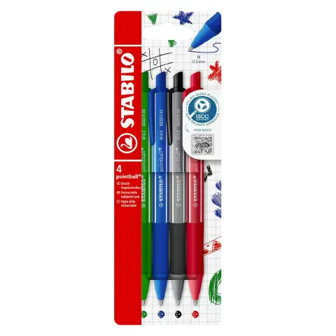 Penne a Scatto Stabilo Pointball Colorful 4 Penne Inchiostro Nero, Blu, Verde E Rosso