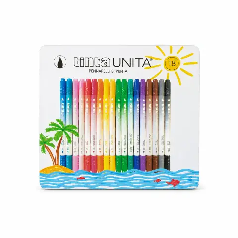 Tinta Unita Pennarelli Brush Bi-Punta 18 Pezzi Scatola In Metallo