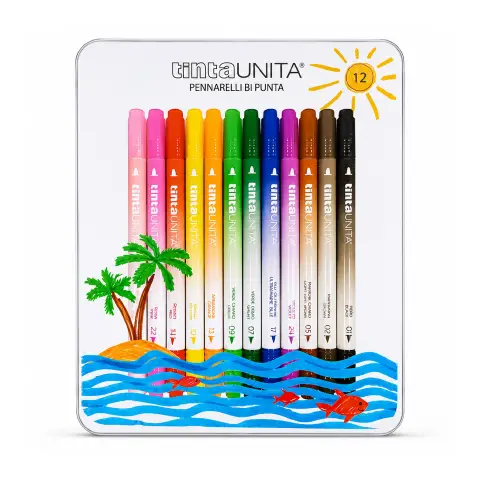 Tinta Unita Pennarelli Brush Bi-Punta 12 Pezzi Scatola In Metallo