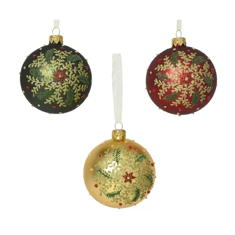 Pallina di Natale in Vetro Ø8 cm Rami e Foglie 3 Assortiti