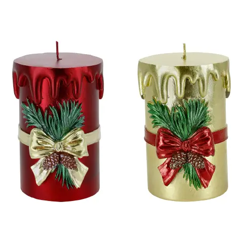 Candela Decorata Natalizia 7x7x11,5 cm Rosso e Oro Assortita