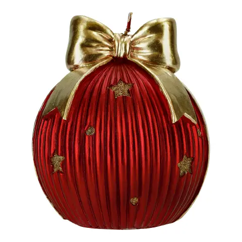 Natale Candela Sfera Rossa Decorata con Fiocco Oro e Stelle 11x11x13,5 cm