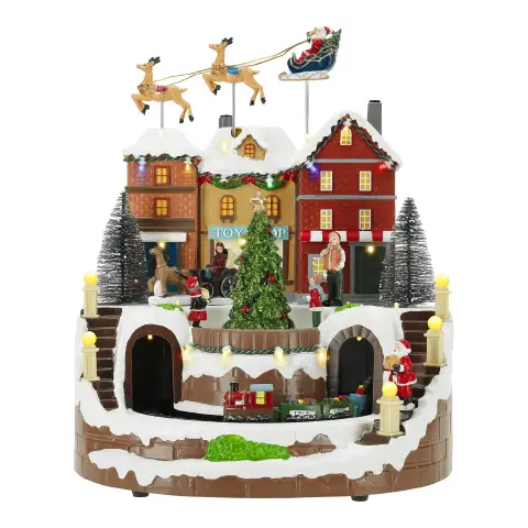 Natale Villaggio con Treno e Renne Animato a Batteria 34 cm LED Multicolore