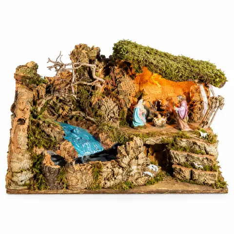 Capanna Presepe cm.50x26x 36 con Cascata Pompa, luce e Natività cm 10