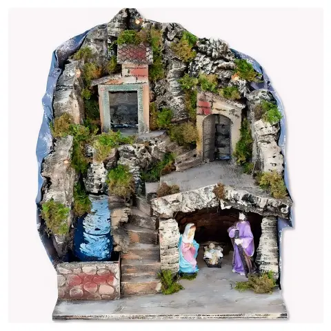 Presepe con Luci e Cascata Funzionante Natività H10 cm