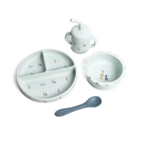 Bamboom Set Bimbo in Silicone Fawn Acqua -Piatto Scodella Cucchiaio Bicchiere-