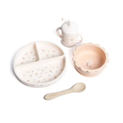 Bamboom Set Bimbo in Silicone Flower Field -Piatto Scodella Cucchiaio Bicchiere-
