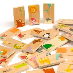 Domino Puzzle Animali e Quantità in Legno, 28 Tessere Doppia Faccia per Bambini - Memory e Domino
