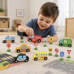 Set 6 Veicoli Con 6 Segnali Stradali In Legno - Primi giochi