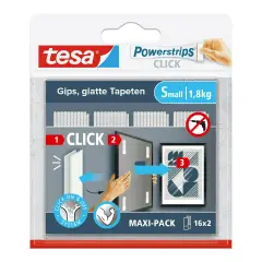 Powerstrips Click Small - Strisce Autoadesive con Sistema di Aggancio e Sgancio 16x2 Pezzi - Nastri adesivi e colle