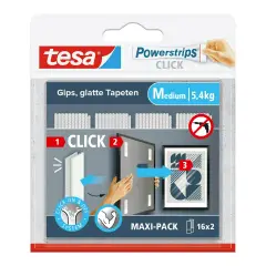 Powerstrips Click Medium - Strisce Autoadesive con Sistema di Aggancio e Sgancio 16x2 Pezzi - Nastri adesivi e colle
