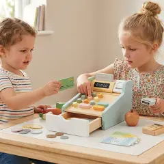 Registratore di Cassa con Accessori, Gioco Simbolico Educativo in Legno - Alimenti, mercatini, stoviglie