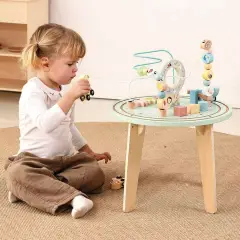 Tavolo Educativo Multiattività in Legno con Trenino e Pista Tridimensionale - Alimenti, mercatini, stoviglie