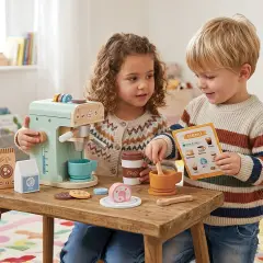 Macchina del Caffè Gioco in Legno con Cialde, Dolci e Menu - Cucine e gioco simbolico