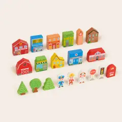 Blocchi Città in Legno, Playset Educativo Montessori con Edifici, Personaggi e Segnali - Costruzioni in legno