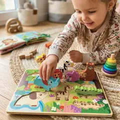 Puzzle in Legno Animali della Giungla, Incastri Educativi ad Alto Spessore - Costruzioni in legno