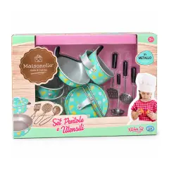 Maisonelle Set Pentole in Metallo – Gioco di Cucina per Bambini - Alimenti, mercatini, stoviglie