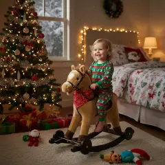 Cavallo a Dondolo Marrone Chiaro con Ruote, Peluche Cavalcabile, Nitrisce e Muove la Bocca - Primi movimenti
